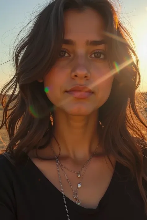 there is a woman with a black top and a necklace on, a colorized photo inspired by Izzy Medrano, instagram, tachisme, 18 years old, with round face, very very low quality picture, low quality photograph, face is brightly lit, 1 , with the sun shining on it...