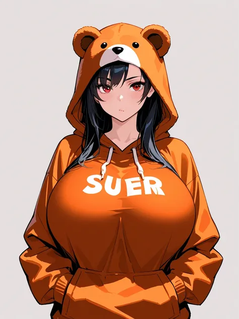 8k,masterpiece, best quality, ultra detailed, high resolution, super fine illustration, 1girl, solo, red eyes, black hair, long hair, huge breasts,bear ears hoodie,