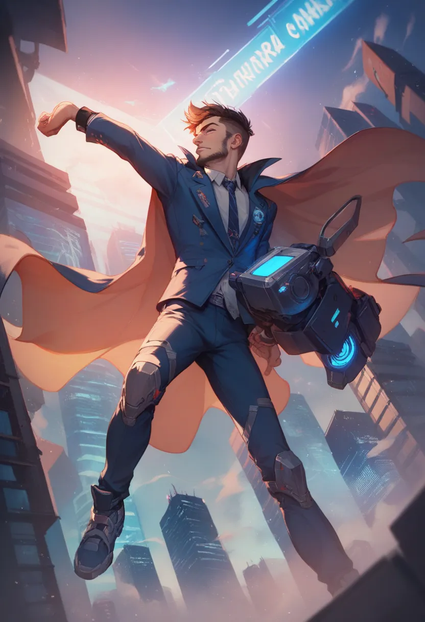 "A charismatic and determined hero stands at the top of a skyscraper, with the futuristic city stretching out below. He wears a tight-fitting deep blue suit with silver details that reflect the moonlight.. His face is partially covered by a holographic mas...