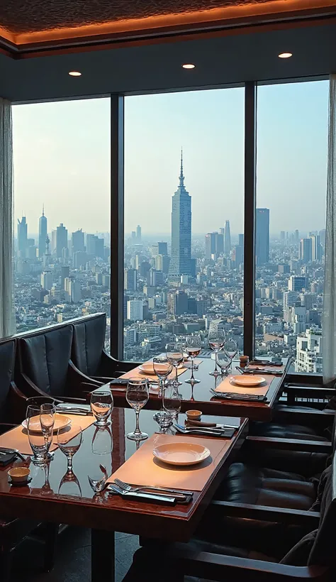 Un restaurant gastronomique avec une vue panoramique sur la skyline tokyoïte. Des tables soigneusement dressées, des plats raffinés et une ambiance tamisée ajoutent au caractère exclusif du lieu