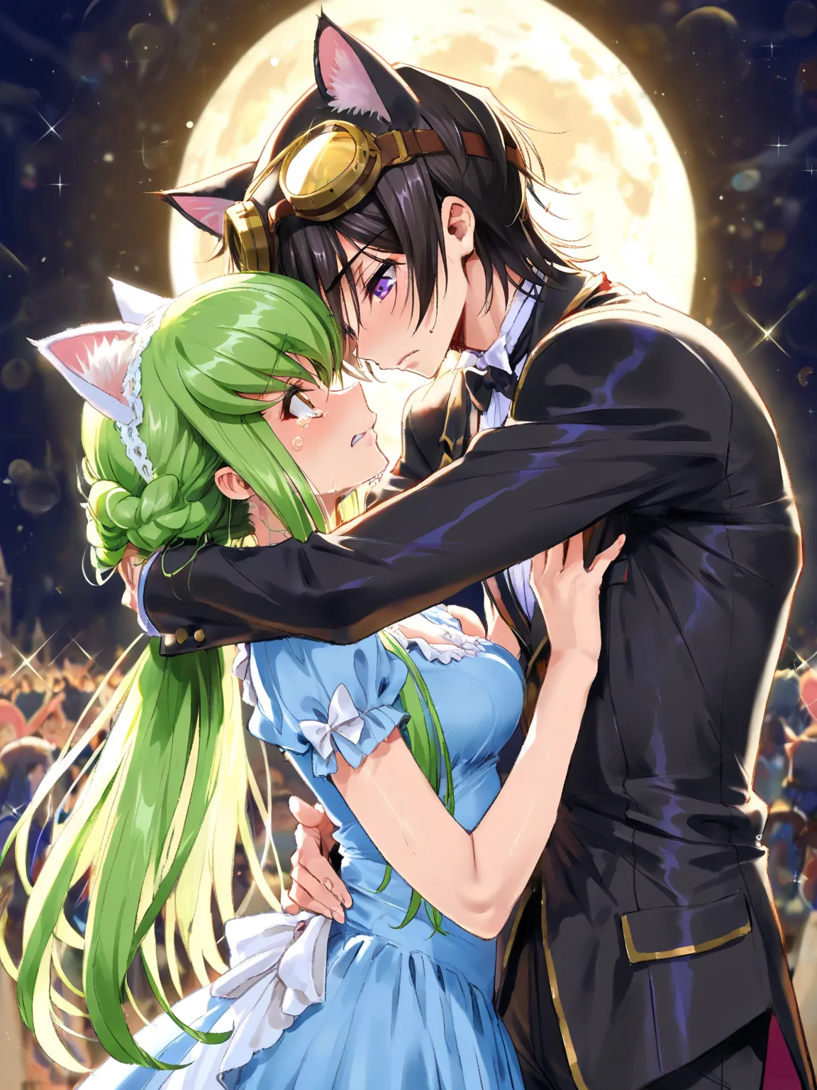 (Cat ears、and wear gold detailed goggles over my head:1.35), Greatest Masterpiece, Code Geass face each other Lelouch of the counterattack, Takahiro Kimura, ルルーシュとc.c.Depicts an emotional scene where they face each other and hug each other, Fantastic and b...