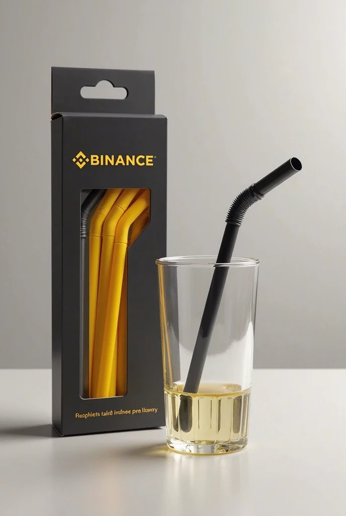 Create an image of a pack of plastic drinking straws with the Binance logo and the word ‘Binance’ printed on the packaging in bold, modern font. The pack should be sleek and minimalistic, with the design in black and yellow to match Binance’s branding. One...