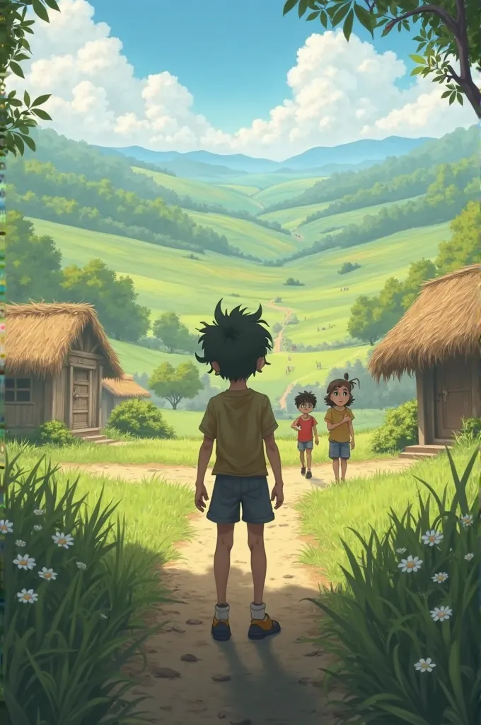 
Scene 1: Bante’s Village

A small, peaceful village with simple houses, green fields, and ren playing.

Bante, a curious boy with big blue eyes, stands in the center, looking towards the horizon.