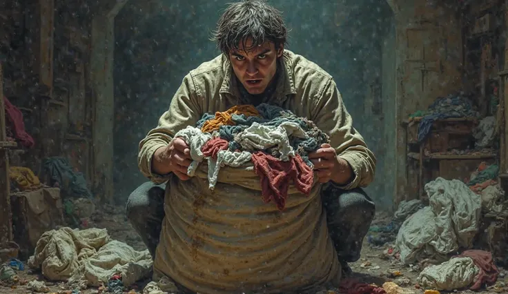 A person stuffing dirty clothes in a sack