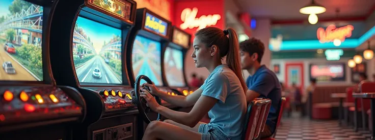 2 people playing the classic outrun game in a classic burger restaurant