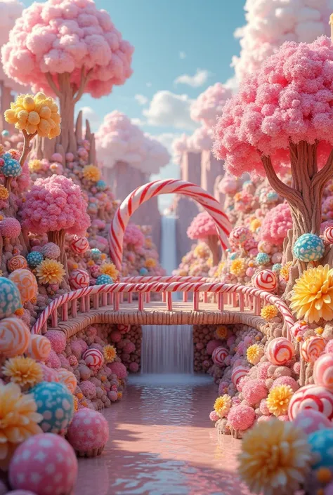 Make the colorful world made of candies with stones made of chocolate candies make candy trees make bushes of yellow flower cups lollipops candy cotton candy of various colors candy cane and a large and beautiful chocolate waterfall flowing with a beautifu...