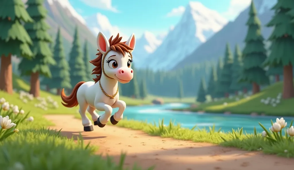 A 3d cartoon image of A small white horse brown hair wearing rope in head running in forest mountain range river long trees