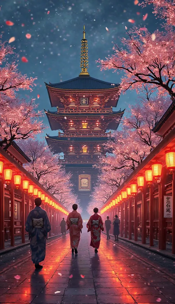 Une vue majestueuse du temple Senso-ji à Asakusa, illuminé par des lanternes rouges traditionnelles. Des visiteurs en kimono marchent sur le chemin pavé, créant une atmosphère paisible et spirituelle.