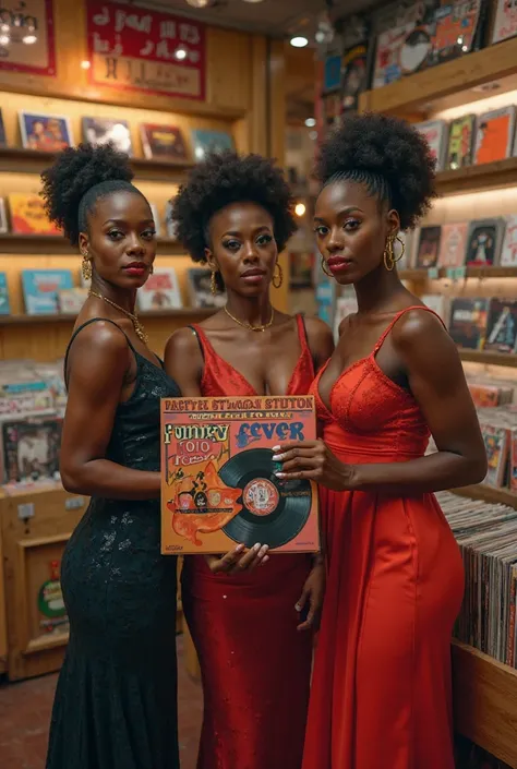 Un trio de femmes Afro américaines en robe de soirée sexy dans un magasin de disques avec dans leurs mains une pochette de vinyle avec écrit dessus FUNKY FEVER et le titre just be good to me 