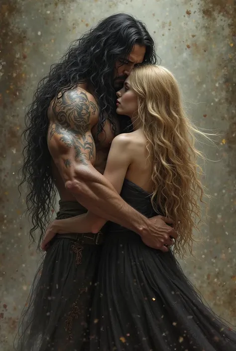 A man with long black hair is very strong and muscular like a predatory physiognomy with his arms around a girl who stands with his back to him embracing her the girl is a woman with long blonde and feminine hair.