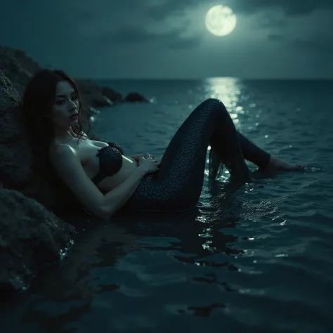 Sexy erotic and sensual dark gothic mermaid naked on the seashore under a moonlight with a fish tail huge tits 