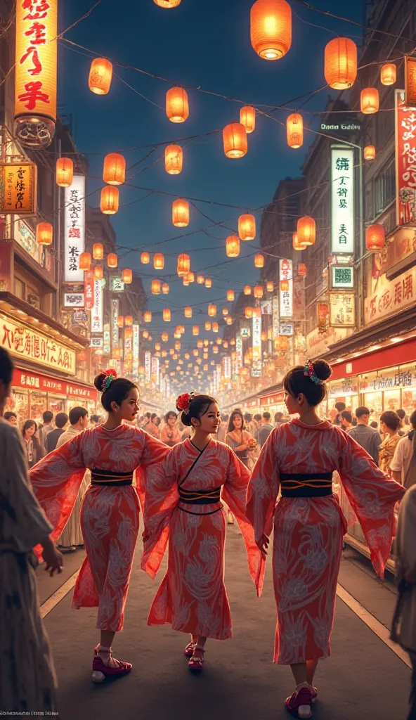 A Matsuri scene (Japanese festival) on the streets of Tokyo, with dancers in yukata, decorated floats and hanging lanterns lighting up the night