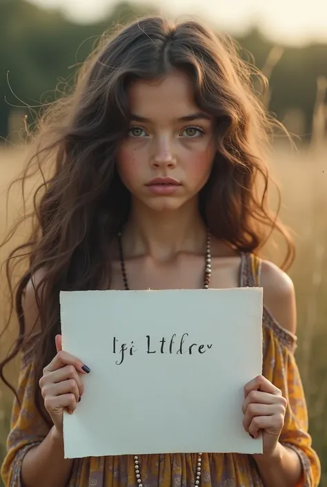  Beautiful girl with wavy long hair in a bohemian dress, Holding a white board marked "I don't know what to do" and showing it to the viewer