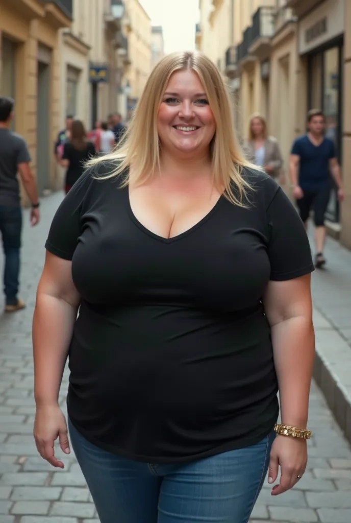 A beautiful morbidly obese busty blonde straight-haired blue eyed woman resembling like a French cinema actress, 21 years old, wearing black V-neck t-shirt showing the cleavage, and denim trousers, having humongous and enormous tits, fat voluptuous and fla...