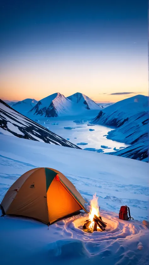 a snowy landscape at the north pole, a person camping in the snow, snow-covered mountains in the background, Arctic光 in the sky, a cozy tent, warm bonfire, backpack and camping gear, 厚保暖衣物, adventurous exploration, Atmospheric lighting, 平静祥和的心情, (best qual...