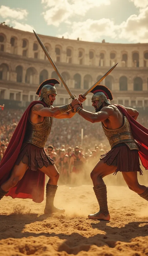 You are inside a ludus, a gladiator school in ancient Rome.  The scorching sun shines in the sky , casting long shadows over the golden sand of the training arena. In front of you, two muscular gladiators fight fiercely, The metallic sound of swords collid...