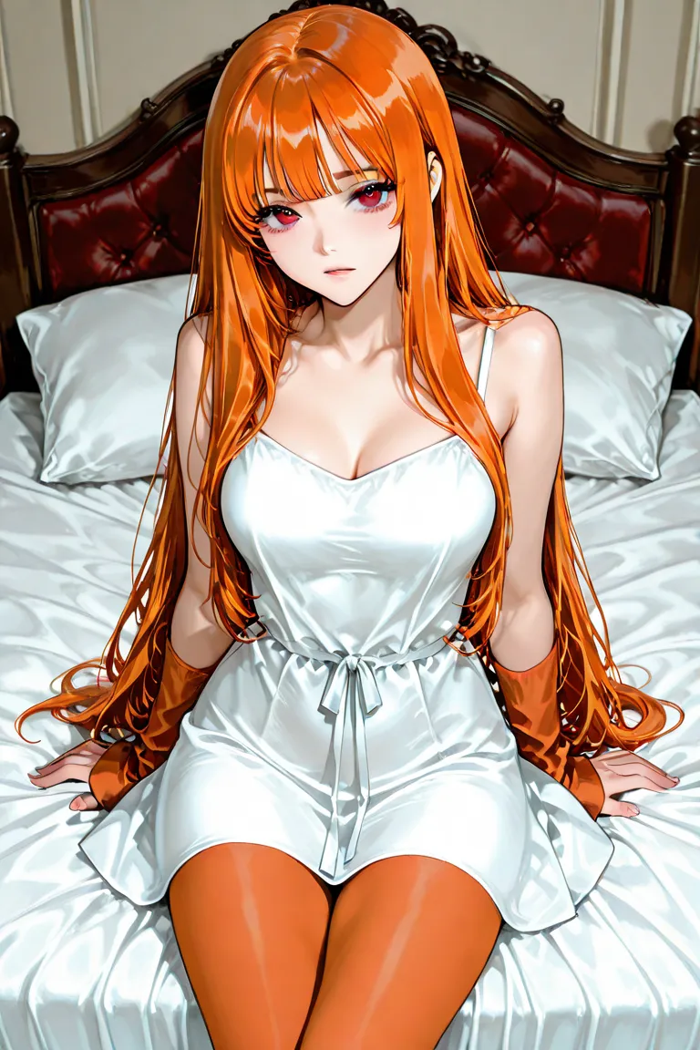 1 female, orange hair, red eyes on s bed,  dress, ( alone:1.3),  