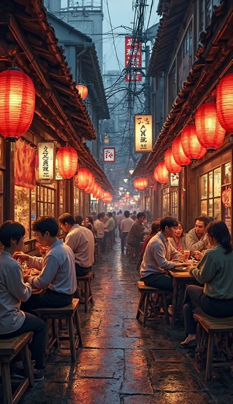 Une ruelle étroite éclairée par des lanternes rouges, bordée de petits izakayas (bars japonais), où des clients dégustent du saké et des yakitori sur des tabourets en bois