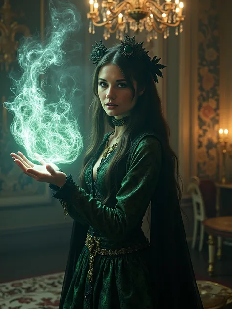 Gaze upon a mesmerizing portrayal of an enigmatic sorceress intricately sculpted in lifelike virtual reality, commanding the swirling elements within the opulent confines of a Victorian-era ballroom. The scene is alive with the opalescent shimmer of her ar...