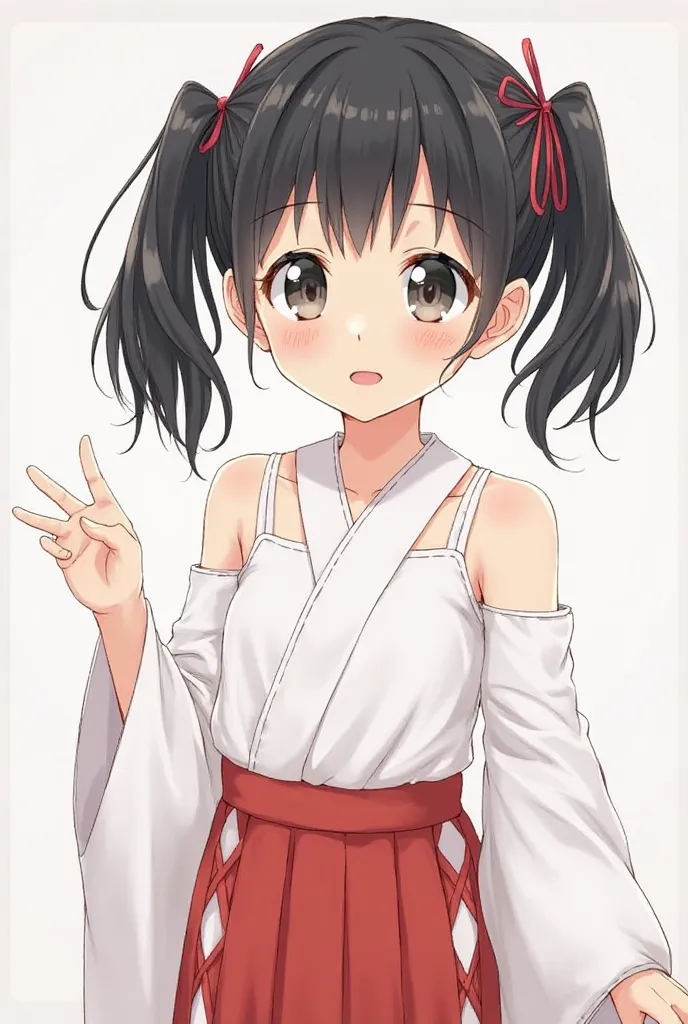 has black hair and pigtails tied at both ends、 big eyes、A girl in the 6th grade of elementary school、is a white sports bra, a kimono without sleeves, a red hakama with holes on both sides、 slightly embarrassed expression 