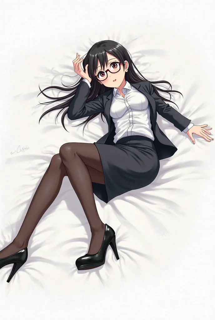 a sketch of asuka from anime attack on titan posed with heels up, 1girl, glasses, pantyhose, solo, office lady, skirt, shirt, black footwear, pencil skirt, collared shirt, white shirt, black hair, blush, high heels, jacket, black jacket, long hair, looking...