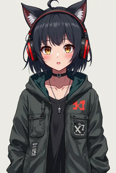 An anime girl with brown tea brown eyes and black hair up to her shoulders dressed in a grunge style Obalada face She has game headphones with cat ears design 