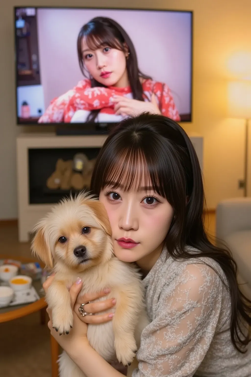 A woman in a cozy living room, watching a horror movie on the TV. She looks scared, holding her small dog tightly in her arms as she cuddles it for comfort. The woman is wearing casual home clothes, and the room has a warm ambiance with soft lighting. Ther...