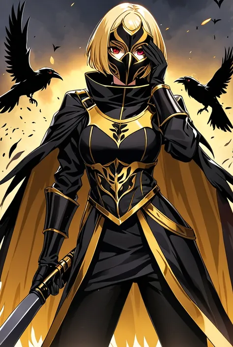 Girl with short blond hair and red eyes wearing a golden plague raven costume and a metal mask covering her face, with a gun and a scythe in each hand 