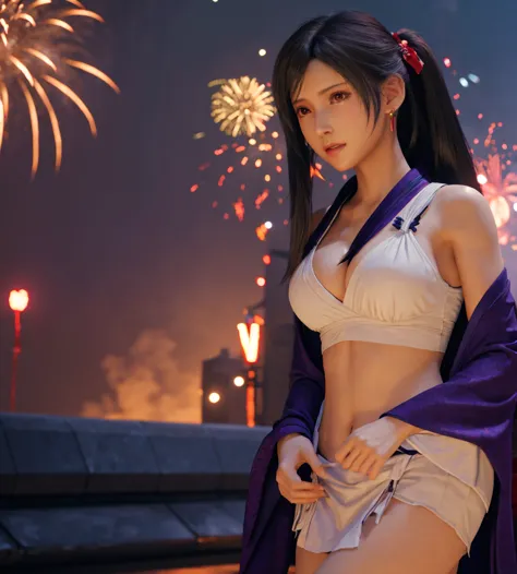 FF7 Remake Tifa Lockhart、1 girl, solo, TOP QUALITY, Ultra Fine, big breasts, beautiful pretty red eyes, earrings, fireworks background 、 upper body only、look at cleavage, Smooth beautiful lips、 ribbon hair accessory, Turn your gaze straight ahead、Brighten ...