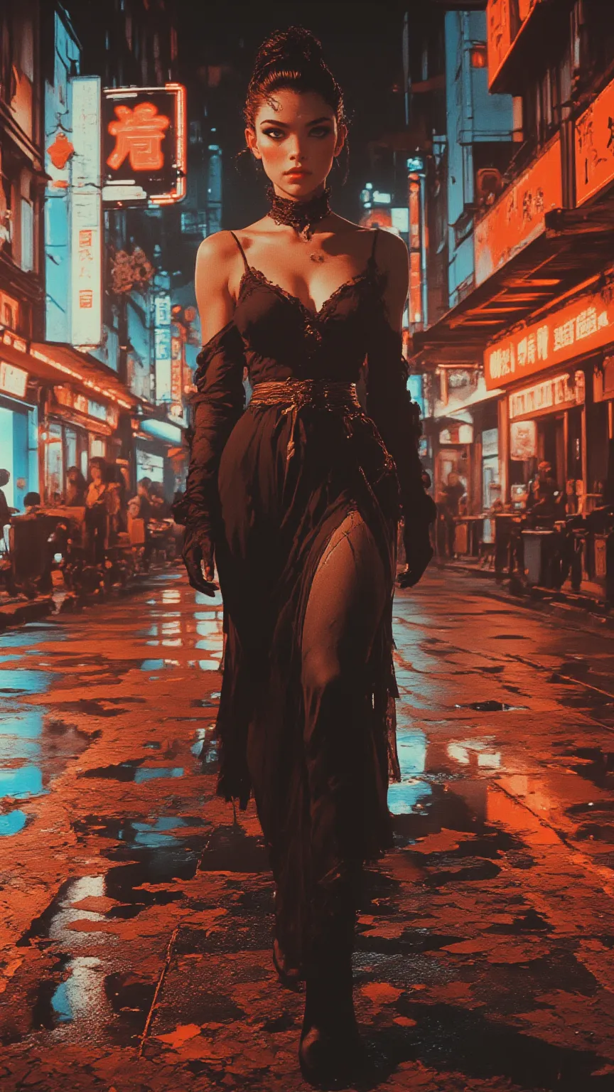 young beautiful woman on the streets of Tokyo, neon, Fallen leaves , and the orange environment