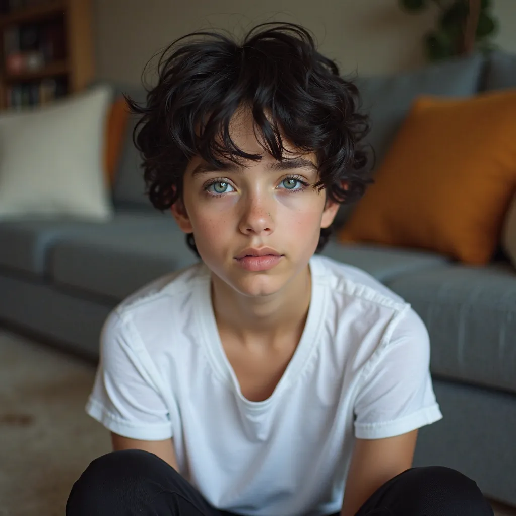 Beautiful  with black hair short wavy his hair, with white t-shirt, white with blue eyes and black pants. living room background
