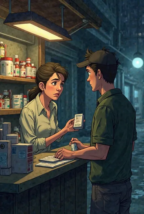 Create an animated picture about a person buying medicine at an unlicensed corner store.