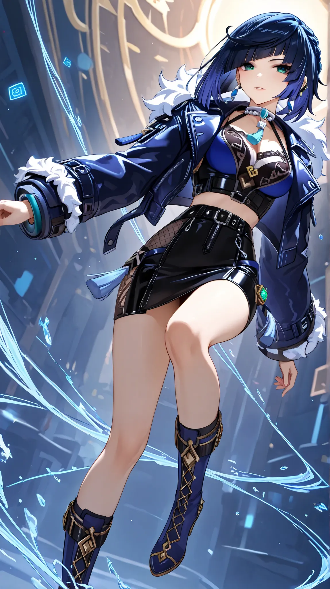 1girl, YELAN (//genshin impact//) streetwear outfit (leather jacket, black skirt, blue boots), dynamic background, absurdres, ultradetail