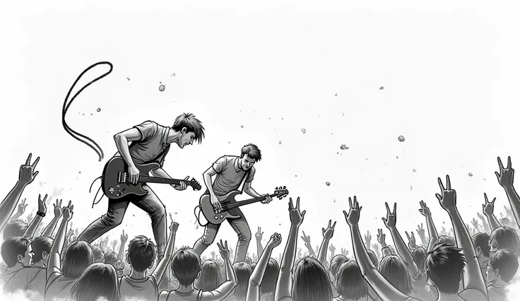 "A black-and-white sketch-style digital illustration of a rock band performing on stage. The scene is full frame, with a white background and rough pencil strokes defining the figures and instruments. The bassist, a man with short hair, leans forward towar...