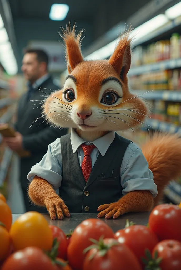 An anthropomorphic squirrel with red and white fur working as a supermarket packer. He wears formal dress clothes, like a suit and tie , but he appears to be exhausted and overwhelmed. His eyes convey tiredness and frustration, as if he were being explored...