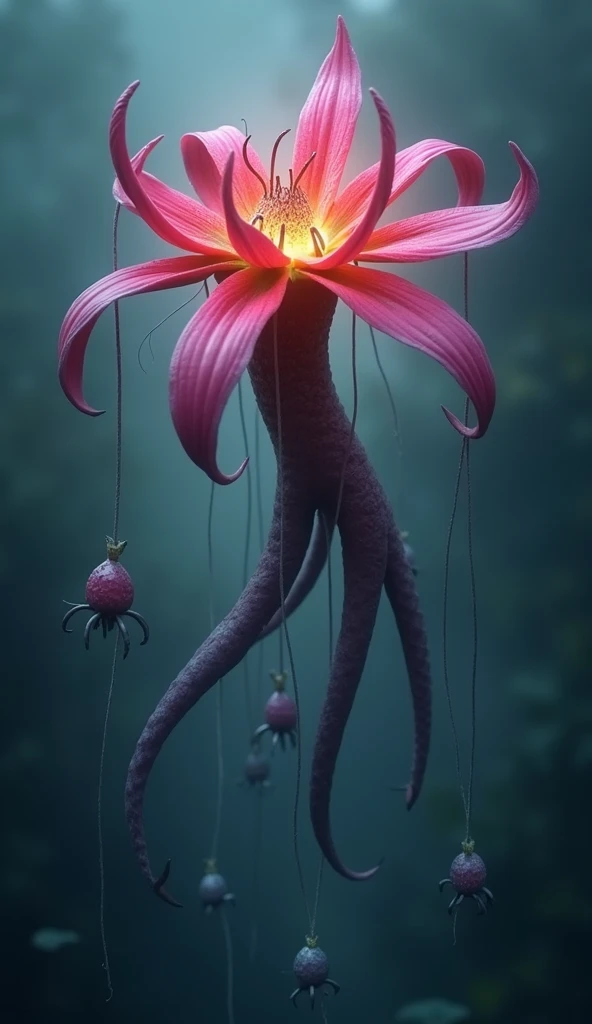 create , creative,  abstraction, flying predatory creature that combines the shape of a lily flower and an octopus with a sea cuttlefish, a realistic flying creature,   flower-like , and cuttlefish dome  , the petals are elongated ,  of bright colors  \ , ...