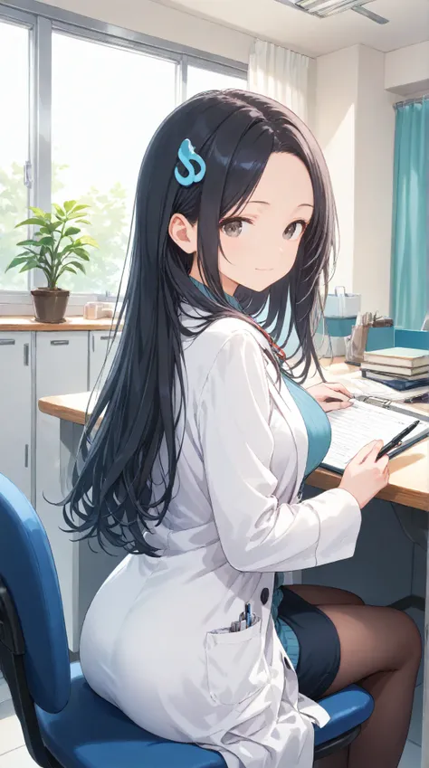  masterpiece,large breasts, long hair, (black hair1.5) , bangs, （1girl1.5）, 青リボン、Blue hairs ornament, 18 years old、 doctor, white lab_coat, sweater, tight skirt, pantyhose, light smile, looking back, sitting on chair, indoor, clinic, desk, cabinet, coffe_m...