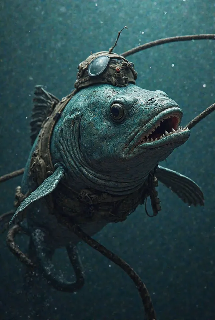 A genetically modified piranha in Russian special forces gear, wearing a tiny tactical vest and helmet, biting through a thick underwater internet cable, dark ocean background, digital art, hyper-detailed, realistic style