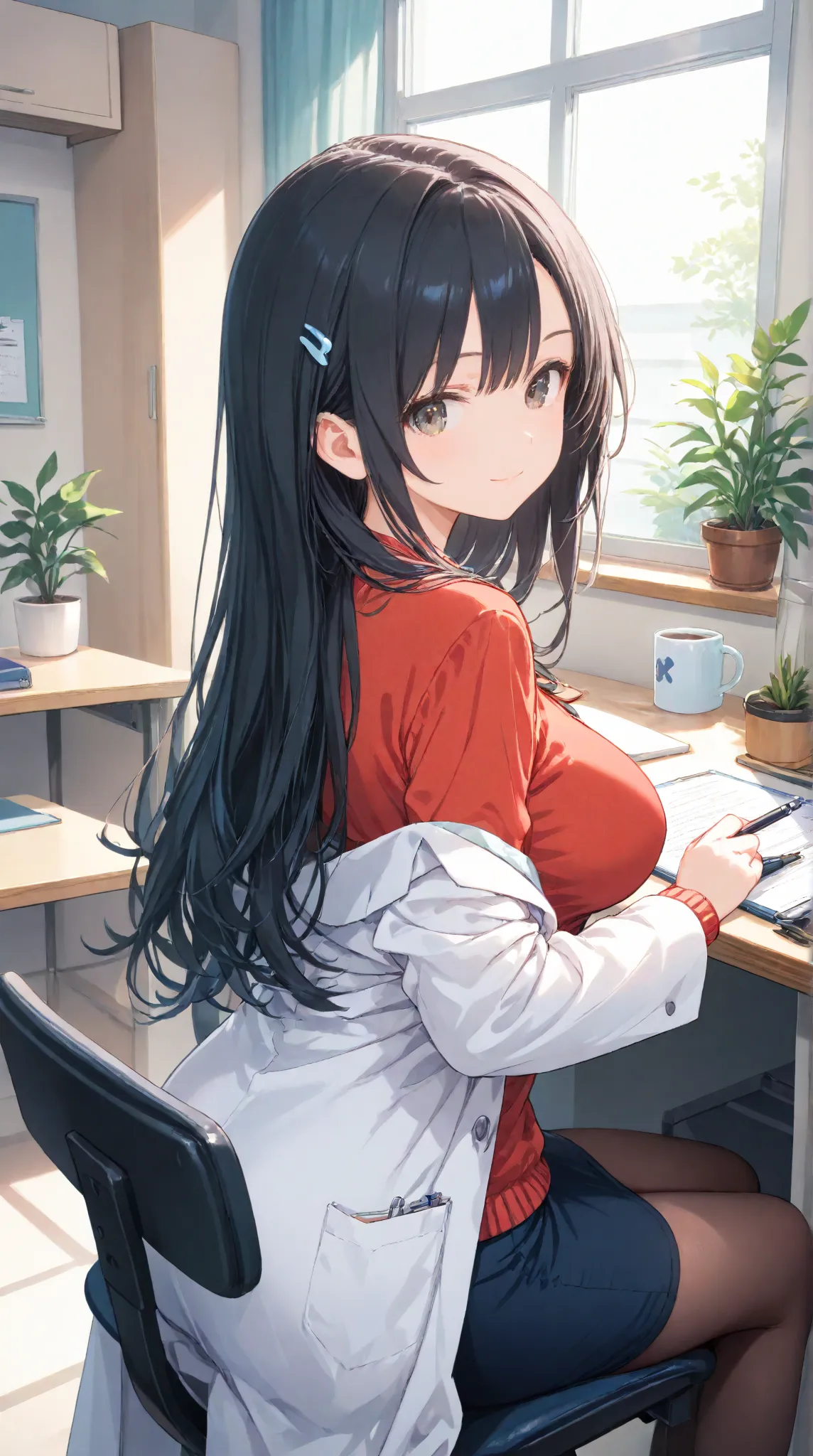  masterpiece,large breasts, long hair, (black hair1.5) , bangs, （1girl1.5）, 青リボン、Blue hairs ornament, 18 years old、 doctor, white lab_coat, sweater, tight skirt, pantyhose, light smile, looking back, sitting on chair, indoor, clinic, desk, cabinet, coffe_m...