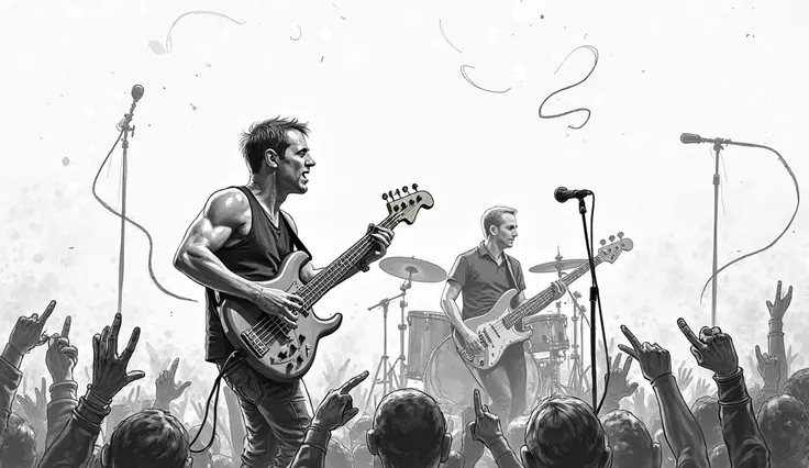 "A black-and-white sketch-style digital illustration of a rock band performing on stage. The scene is full frame, with a white background and rough pencil strokes defining the figures and instruments. The bassist, a man with short hair, leans forward towar...