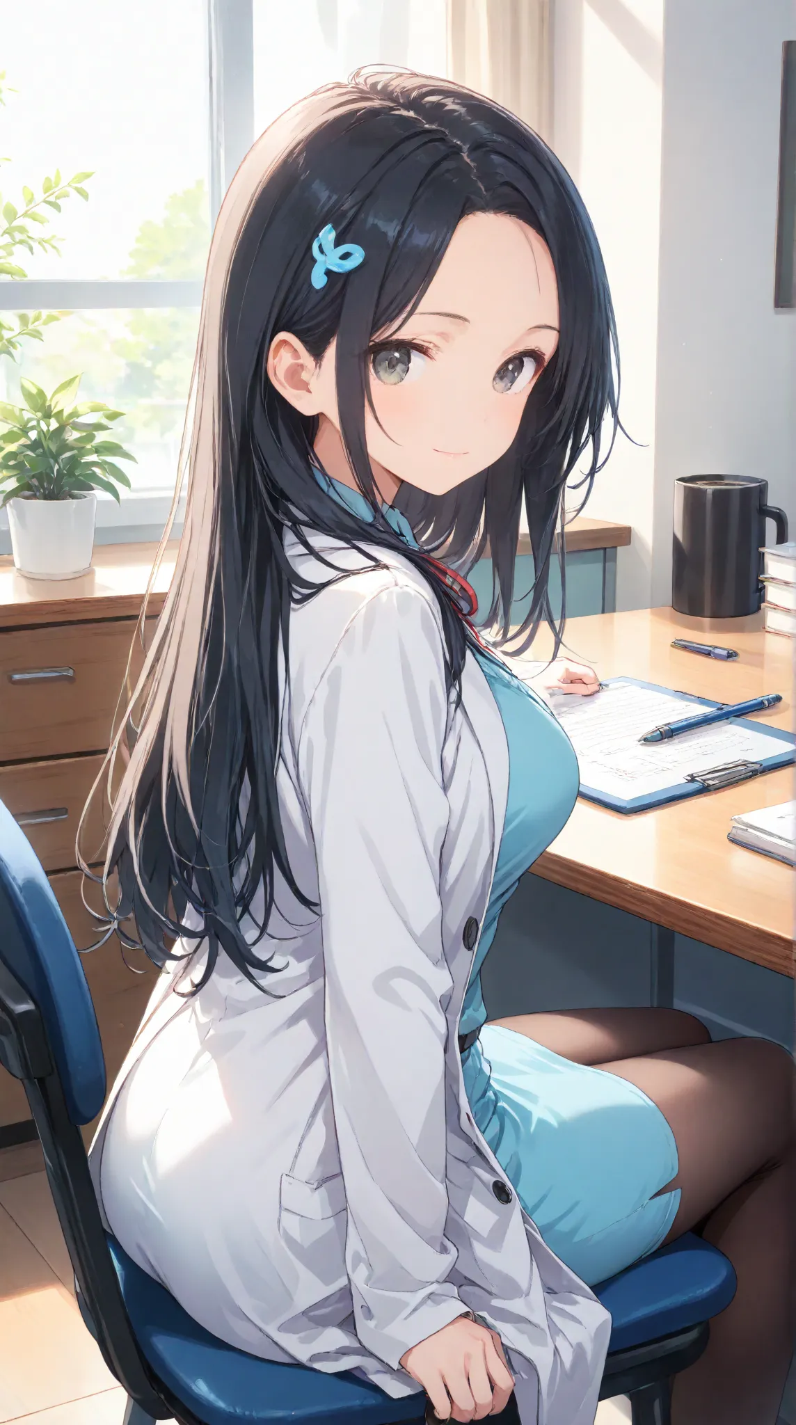  masterpiece,large breasts, long hair, (black hair1.5) , bangs, （1girl1.5）, 青リボン、Blue hairs ornament, 18 years old、 doctor, white lab_coat, sweater, tight skirt, pantyhose, light smile, looking back, sitting on chair, indoor, clinic, desk, cabinet, coffe_m...