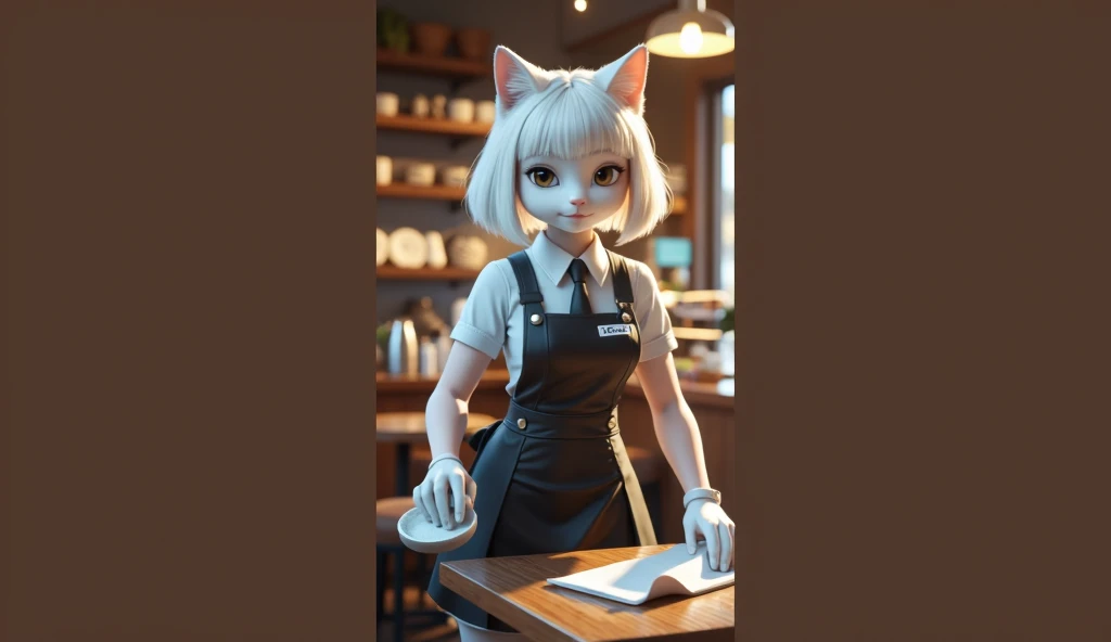 A modern fairytale-inspired poster featuring anthropomorphic cat characters in a stylish coffee shop setting. The poster showcases five main characters with distinct personalitiesThe background is a cozy but modern café with warm lighting, wooden textures,...