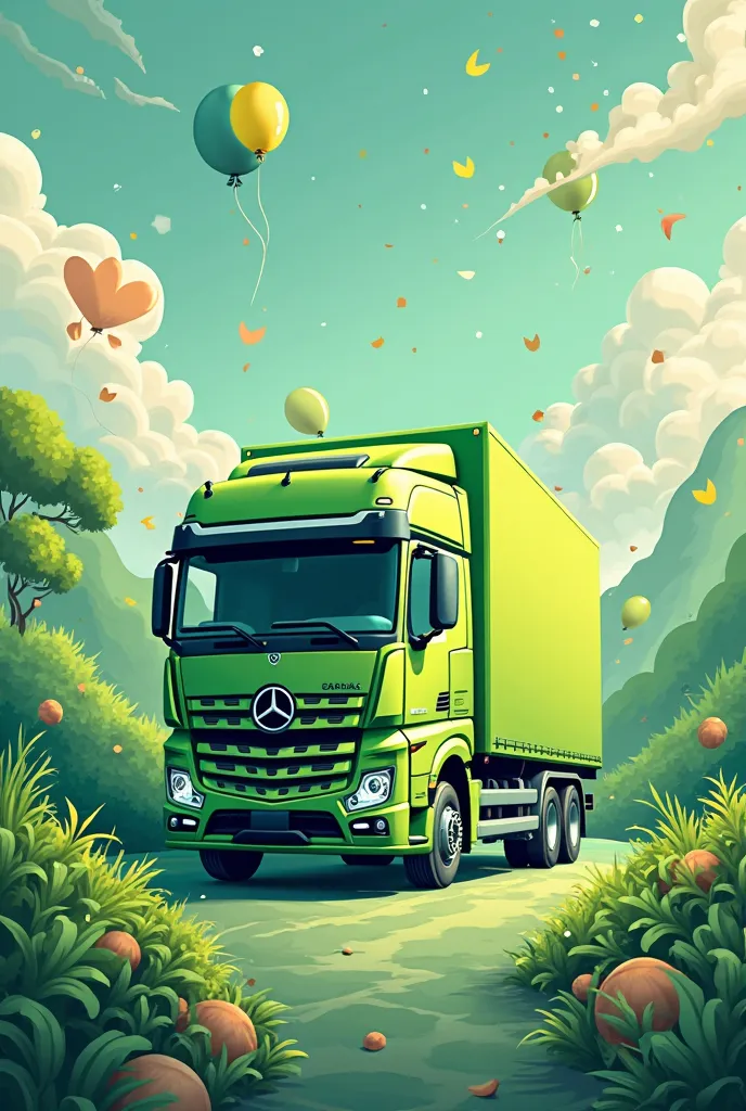 Draw a birthday card to celebrate CDEK's 25th anniversary. Share your sense of the importance of this work in this picture. In green colors. With a truck