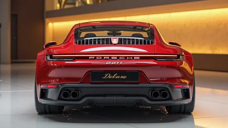 "Create an ultra-detailed 3D render of a 2025 Porsche 911 Hybrid from a straight back view. The car should have a sleek, aerodynamic design with a glossy 'Gleamy Red' exterior. The rear should feature an illuminated Porsche logo, an aggressive diffuser, an...