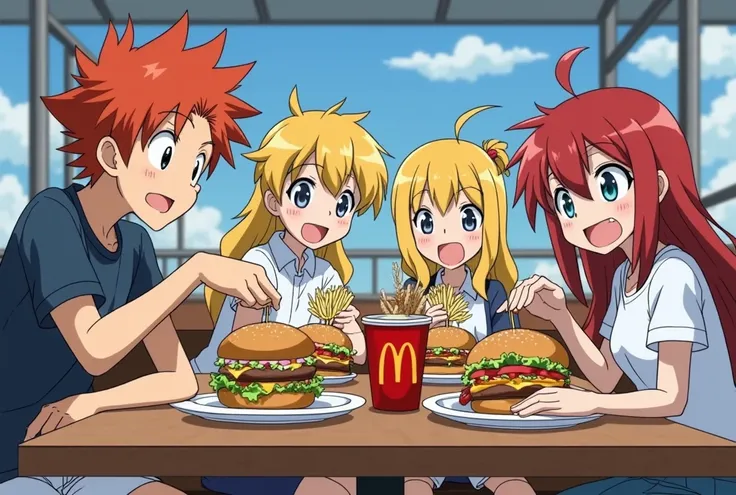 .une famille japonaise de 4 fréres et 1 mère de l'anime blue lock drive saison 3.
bien habiller cheveux rouge et jaune stylé artificiel.
sont dans restaurant MacDonald au stade de foot de san Fransisco entraint de manger leurs Hamburger et nuggets et frite...