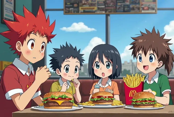 .une famille japonaise de 4 fréres et 1 mère de l'anime blue lock drive saison 3.
bien habiller cheveux rouge et jaune stylé artificiel.
sont dans restaurant MacDonald au stade de foot de san Fransisco entraint de manger leurs Hamburger et nuggets et frite...