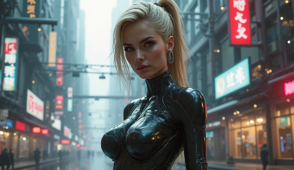 hot blonde in tight sexy suit in cyberpunk world unreal engine 5 gaming graphics