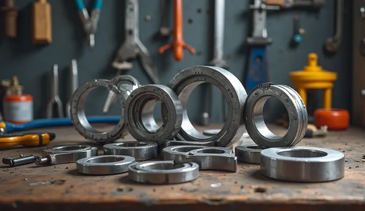 A detailed image of retaining rings placed on a workbench with a variety of sizes and types (internal and external) clearly visible. The image should convey the precision of these components, with a clean and organized workspace in the background. Various ...