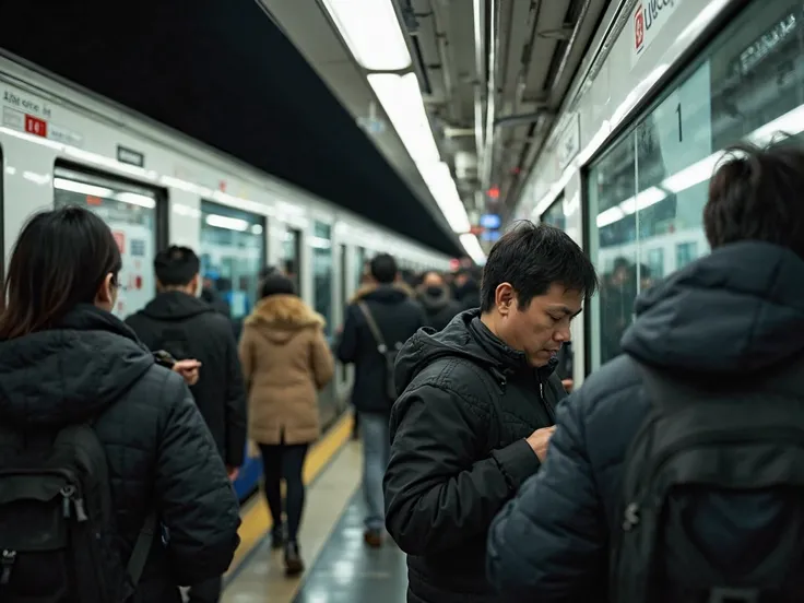 A bustling Tokyo metro during the morning rush: A crowded station where people move quickly while checking their phones. Modern train windows reflect the city’s bright lights, capturing the fast-paced lifestyle of Japan."