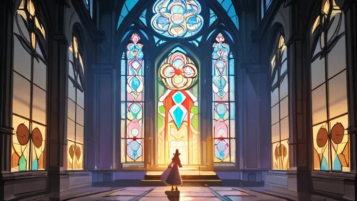 Draw a fantastical picture of a healing building in a magical country, with stained glass windows, a triangular roof, warm light shining from the windows, a rainbow-colored fountain gushing out in the center of town, and a rabbit coming out of the house do...